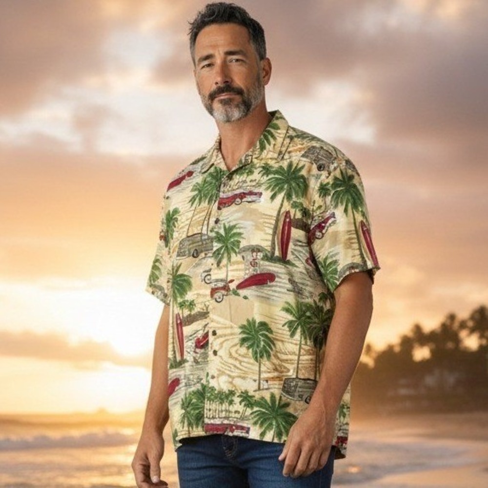 Island 2 Island Men Large Aloha Shirt Tropical Beach Woodie Car Palm Tree Cotton